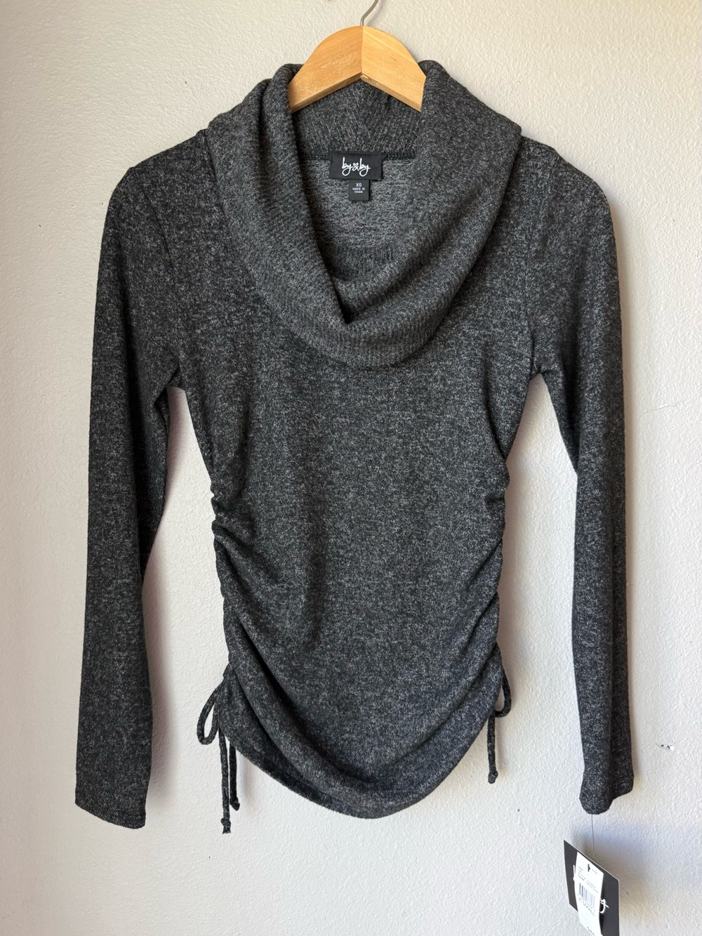 By & By Heather Black Cowl Neck Ruched Side Sweater Women’s Size XS NWT